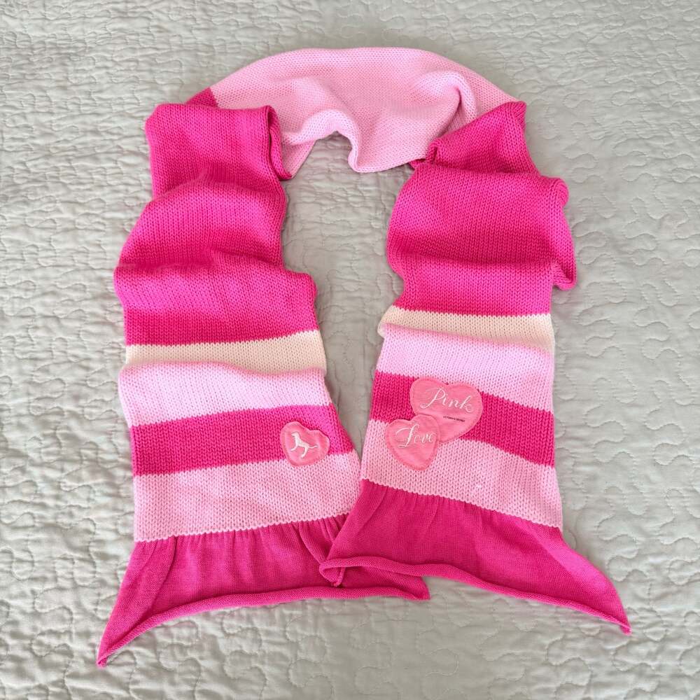 Y2K Victoria's Secret Pink Colorblock Striped Knit Scarf with Heart Appliques